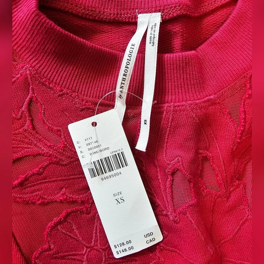 By Anthropologie Cutwork Embroidered Lace Floral Sheer Swing Top in Wine, XS